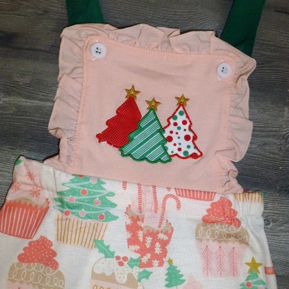 Boutique Girls Pink Christmas Tree Romper Overalls Jumpsuit - Picture 2 of 3